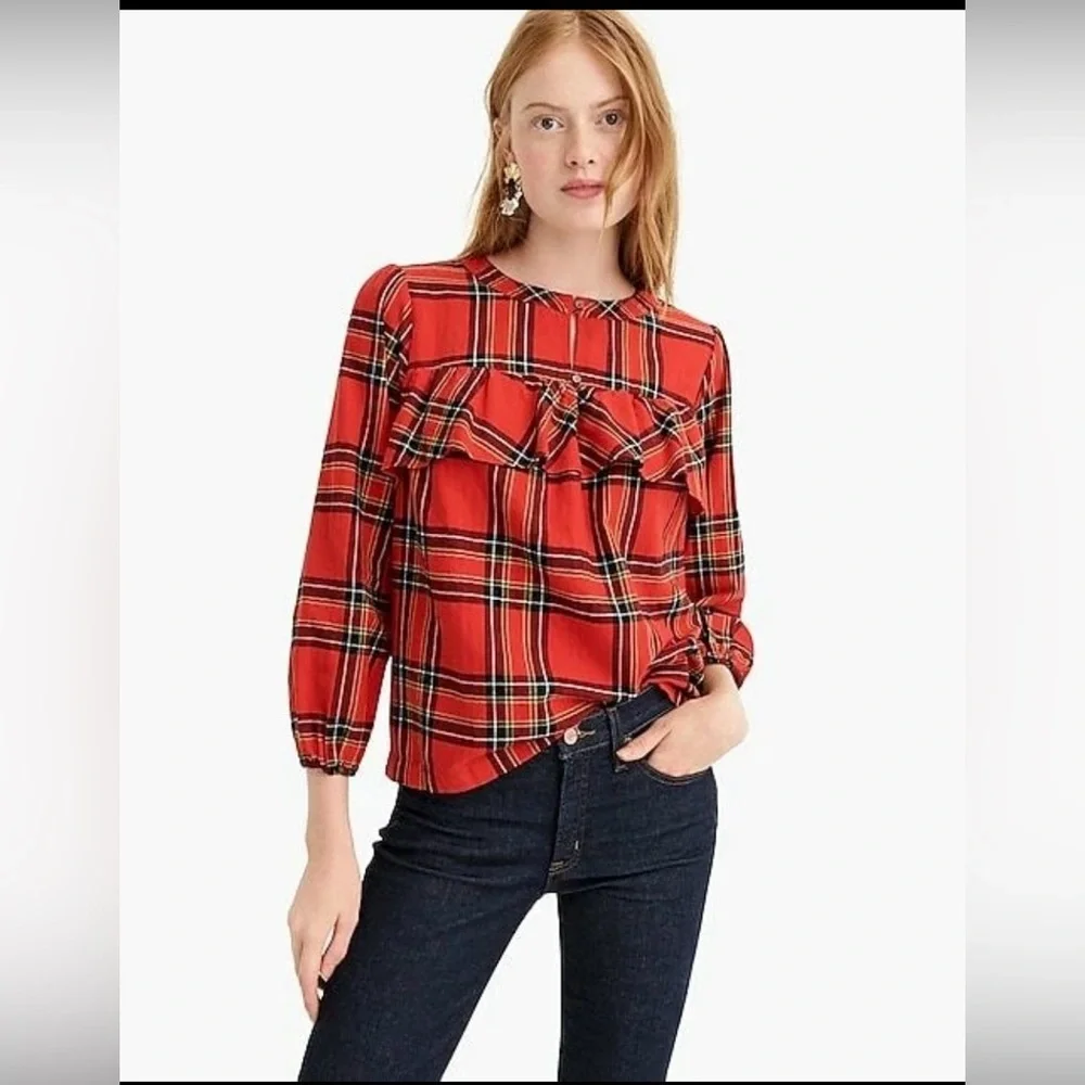 J. Crew Red Plaid‎ Ruffle Blouse